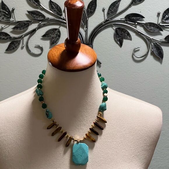 NWT Barse Genuine Stones Green and Turquoise& Tiger Eye Beaded Necklace #BJNK - Picture 1 of 13